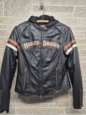 Harley-Davidson Black Leather Bomber Jacket with Orange & Cream Stripes Size M